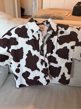 Good Luck Gem cropped Cow Spot Button-Down Shirt - White & Brown